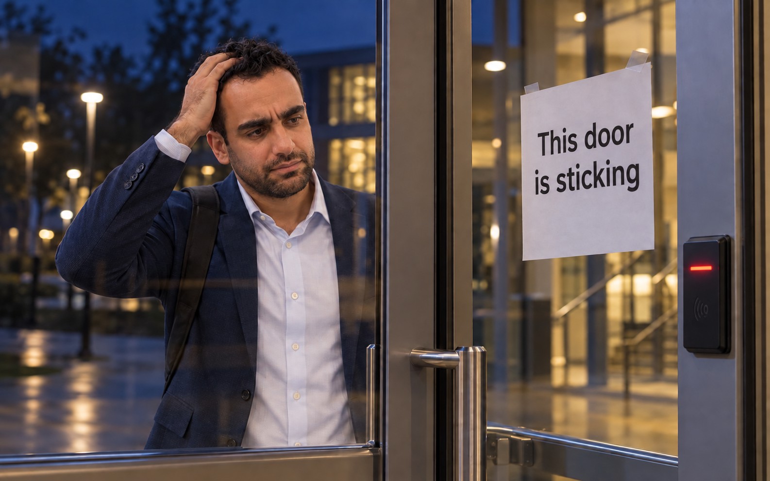 A worried student outside a locked campus entrance beside a paper notice reading This door is sticking